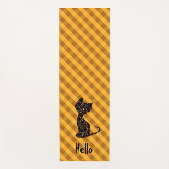 Cute black kitten cat personalised chequered plaid yoga mat (Front)