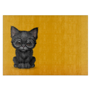 Cute Black Kitten Cat with Eye Glasses yellow Cutting Board