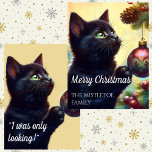 Cute Black Kitten Christmas Bauble Holiday Card<br><div class="desc">This is a very traditional Christmas design. There is a Christmas tree decorated with pine cones and red holly berries. The main focus of the design is on the ornate Christmas ornament and the mischievous little black kitten. The Christmas bauble is decorated with red, green and yellow peacock feathers. The...</div>