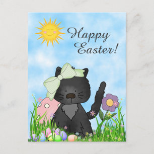Cute Black Kitten, Colourful Eggs Happy Easter Cat Holiday Postcard