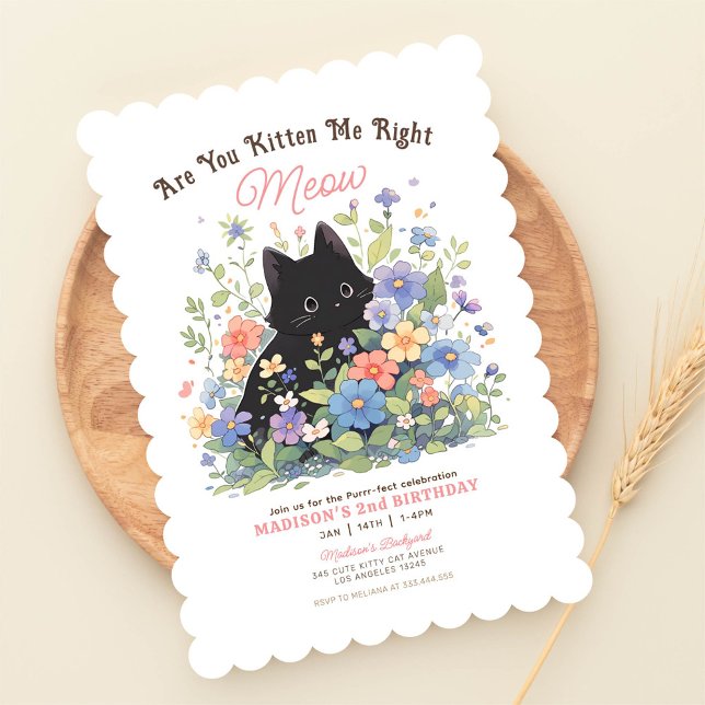 Cute Black Kitten Floral Birthday Invitation | Cat (Creator Uploaded)