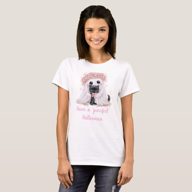 Cute Black Kitten & Ghost Halloween Shirt (Front Full)