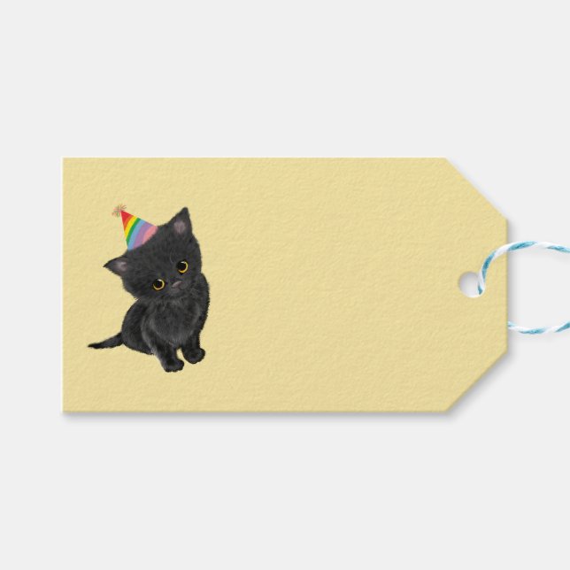 Cute black kitten gold birthday gift tag (Front (Horizontal))