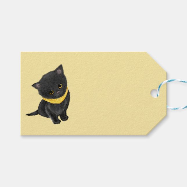 Cute black kitten gold gift tag (Front (Horizontal))