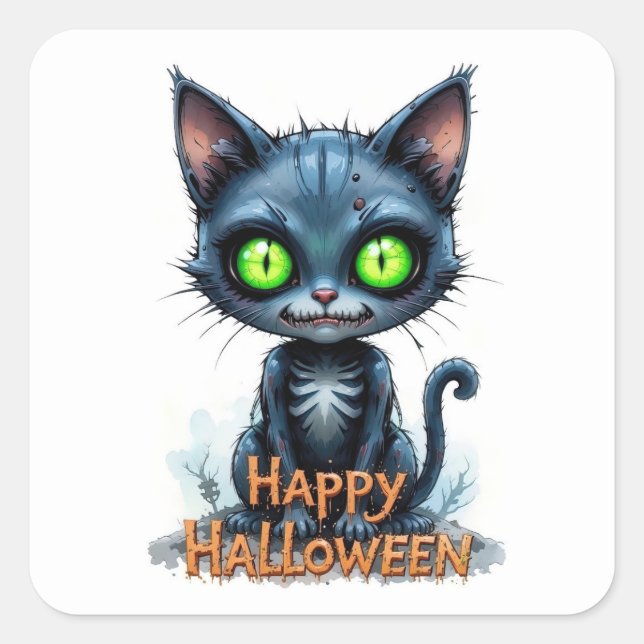Cute Black Kitten Halloween Whimsical Cat Lover  Square Sticker (Front)