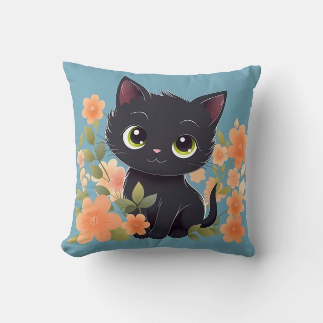 Cute Black Kitten, House Panther with Flowers Cushion (Front)