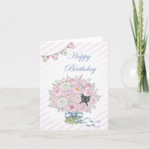 Cute Black Kitten in Pink Bouquet Pretty Birthday  Card