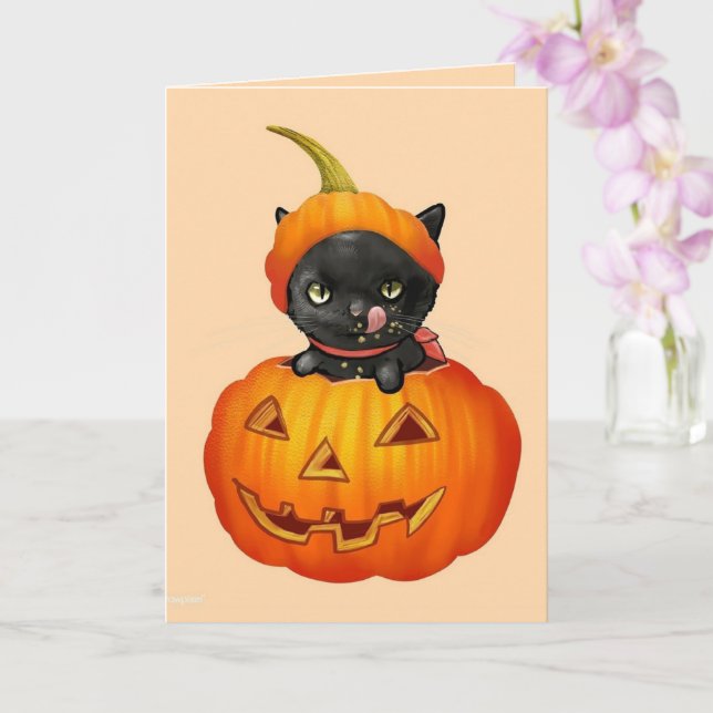Cute Black Kitten in Pumpkin Halloween Card (Orchid)