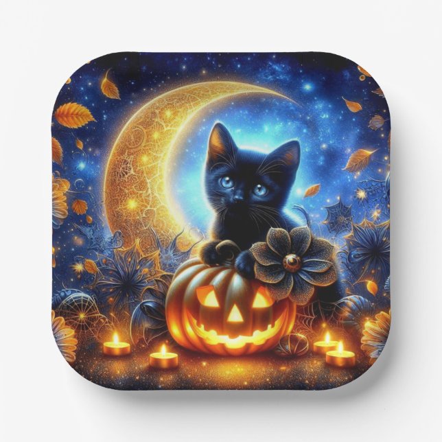 Cute black kitten, jack-o-lantern and moon paper plate (Front)