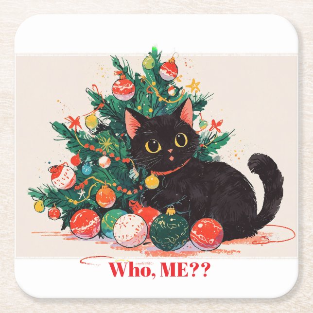 Cute Black Kitten looking Guilty - Christmas  Square Paper Coaster (Front)