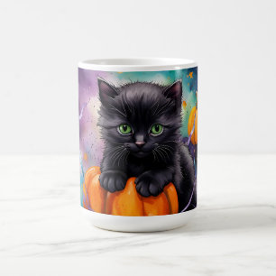 Cute Black Kitten Pumpkins and Ribbon Coffee Mug