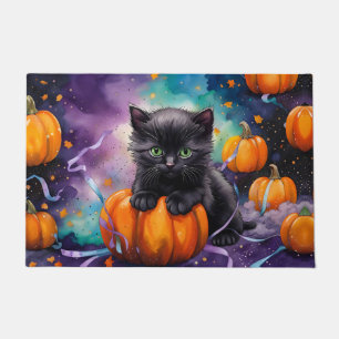 Cute Black Kitten Pumpkins and Ribbon Doormat
