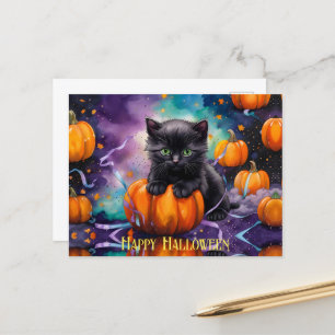 Cute Black Kitten Pumpkins and Ribbon Holiday Postcard