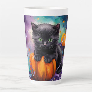 Cute Black Kitten Pumpkins N Ribbons Halloween Latte Mug