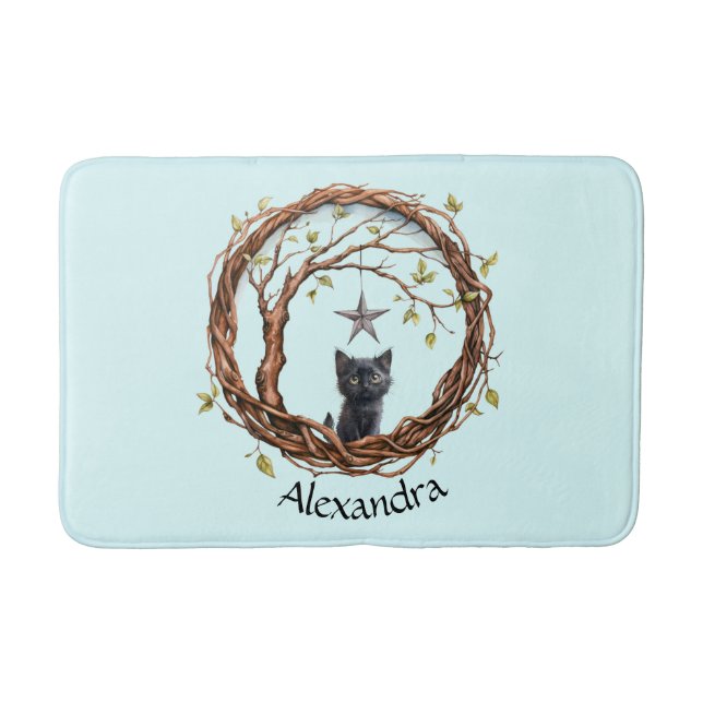 Cute Black Kitten Watching a Star Bath Mat (Front)