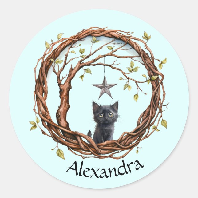 Cute Black Kitten Watching a Star Classic Round Sticker (Front)