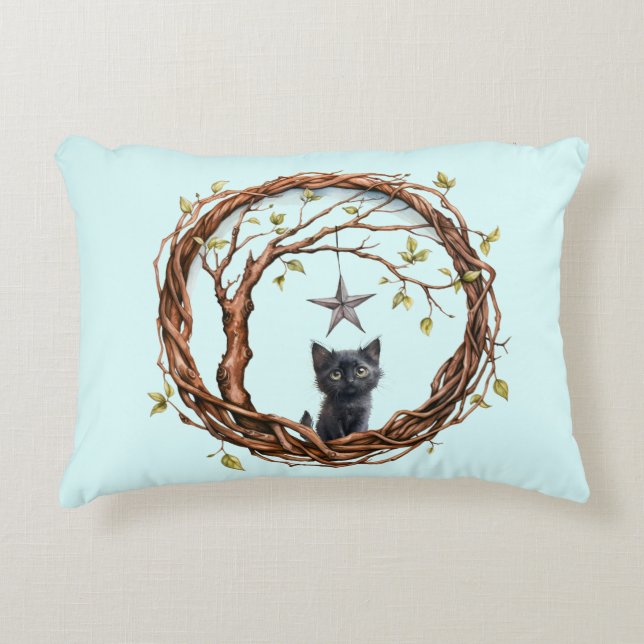 Cute Black Kitten Watching a Star Decorative Cushion (Front)