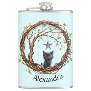 Cute Black Kitten Watching a Star Hip Flask