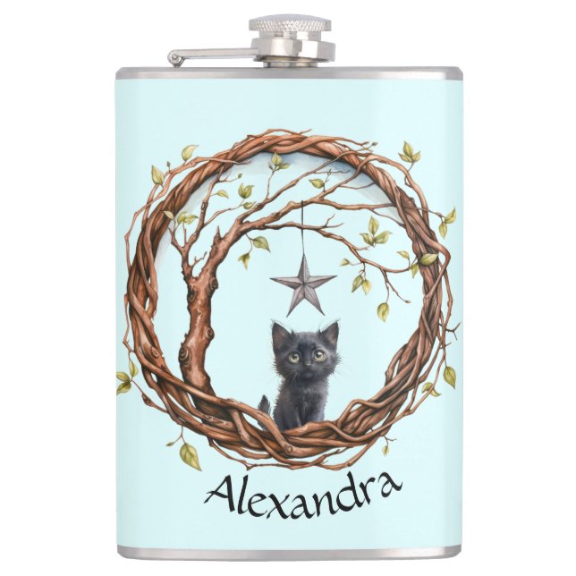 Cute Black Kitten Watching a Star Hip Flask (Front)