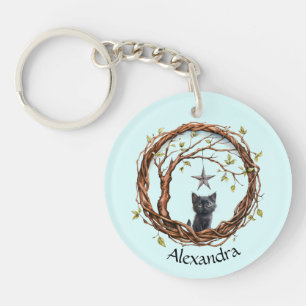 Cute Black Kitten Watching a Star Key Ring