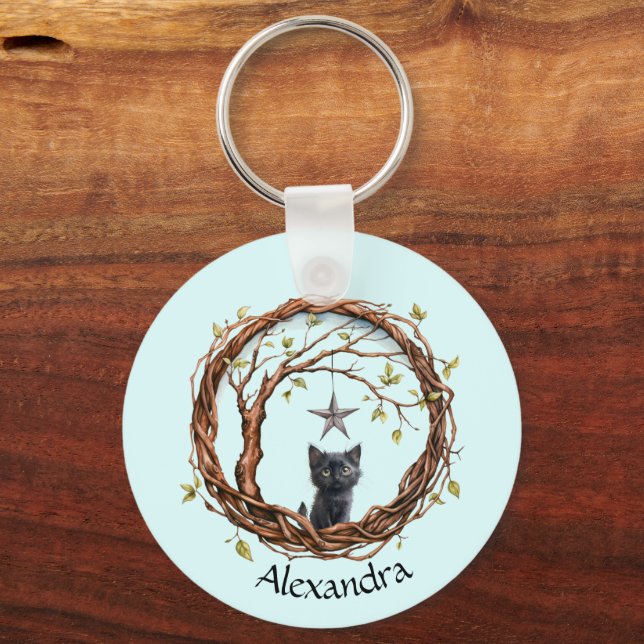 Cute Black Kitten Watching a Star Key Ring (Front)