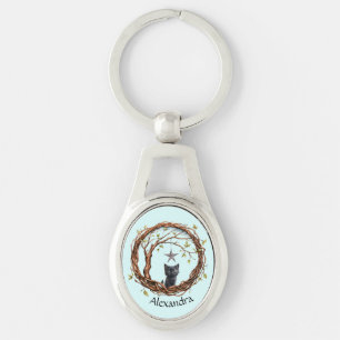 Cute Black Kitten Watching a Star Key Ring