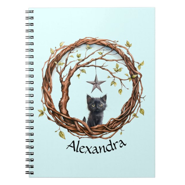 Cute Black Kitten Watching a Star Notebook (Front)