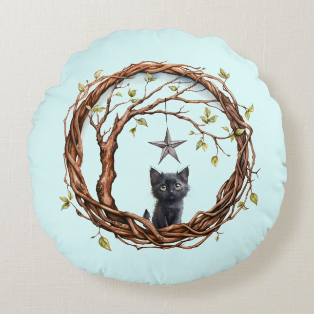 Cute Black Kitten Watching a Star Round Cushion (Front)