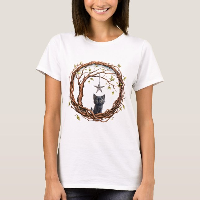 Cute Black Kitten Watching a Star T-Shirt (Front)