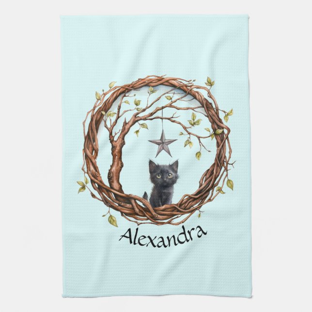 Cute Black Kitten Watching a Star Tea Towel (Vertical)