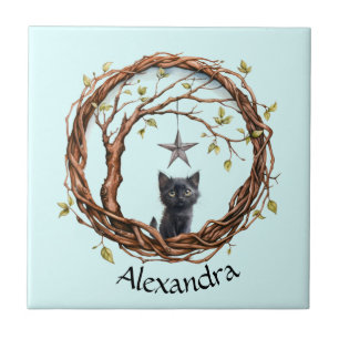 Cute Black Kitten Watching a Star Tile