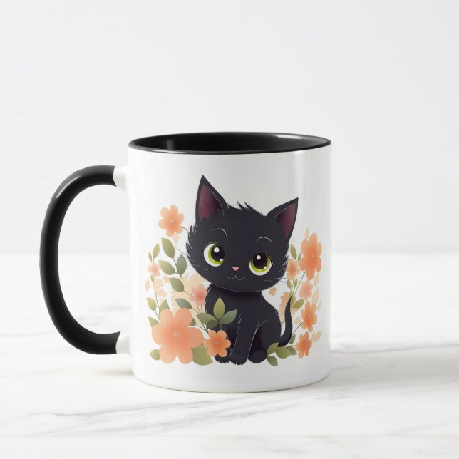 Cute Black Kitten with Flowers Mug (Left)