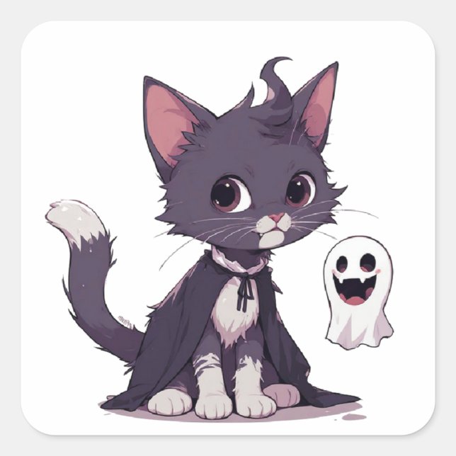 Cute Black Kitten With Ghost Halloween Cape 👻 Square Sticker (Front)