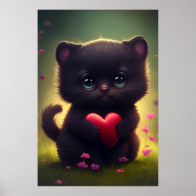 Cute Black Kitten with Heart and Flowers  Poster (Front)