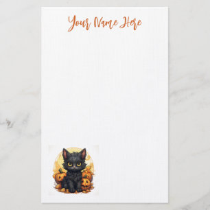 Cute Black Kitten with Jack-O-Lanterns Halloween Stationery