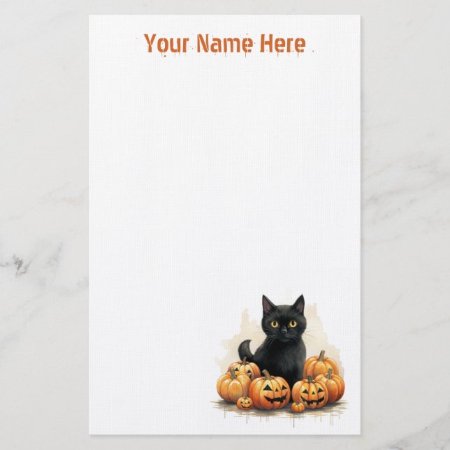 Cute Black Kitten with Jack-O-Lanterns Halloween Stationery (Front)