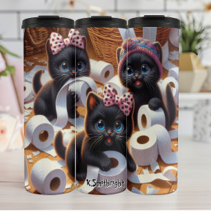 Cute Black Kittens Playing Toilet Paper Thermal Tumbler