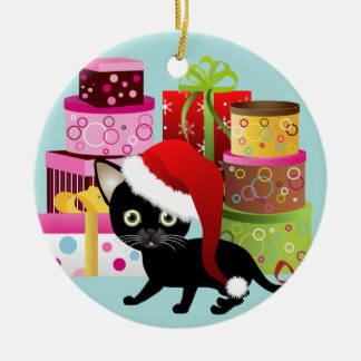 Cute Black Kitty and Christmas Presents Ornament