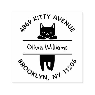 Cute Black Kitty Cat Cartoon Round Return Address Self-inking Stamp