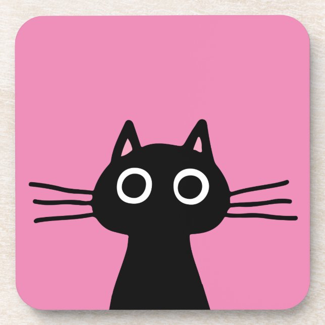 Cute Black Kitty Cat - Fun Animal Art Hot Pink Coaster (Front)
