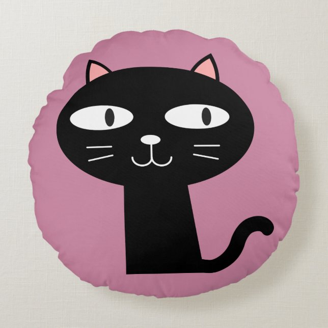 CUTE BLACK KITTY CAT PILLOWS, Pink Round Cushion (Front)