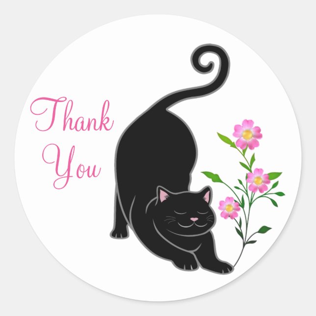 Cute black kitty cat with flowers Thank You Classic Round Sticker (Front)