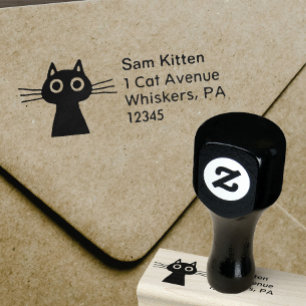 Cute Black Kitty Cat with Return Address Rubber Stamp