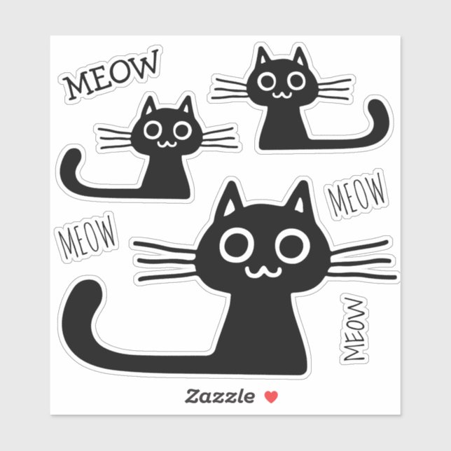 Cute Black Kitty Cats Meow Meow Vinyl Sticker Set (Sheet)