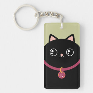Cute Black Kitty Face Kawaii Custom Name Monogram Key Ring