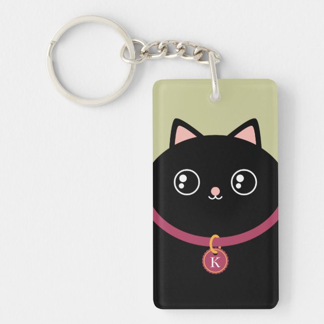 Cute Black Kitty Face Kawaii Custom Name Monogram Key Ring (Front)