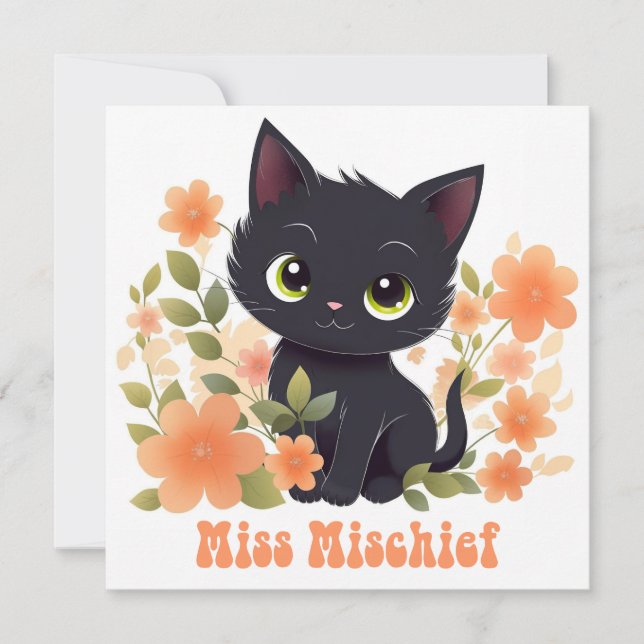 Cute Black Kitty Kawaii Chibi Invitation (Front)