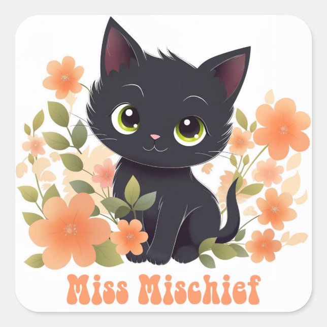 Cute Black Kitty Sticker Kawaii Chibi (Front)