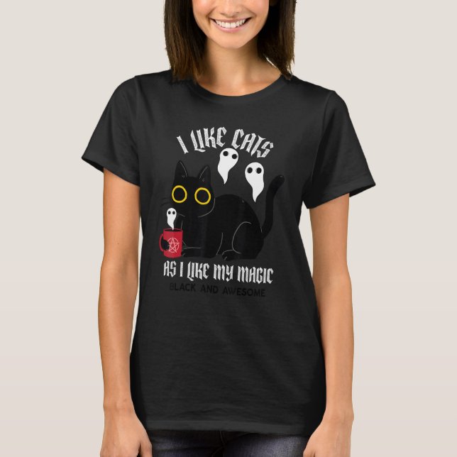 Cute Black Kitty Witchy  With Ghosts Black Magic T-Shirt (Front)
