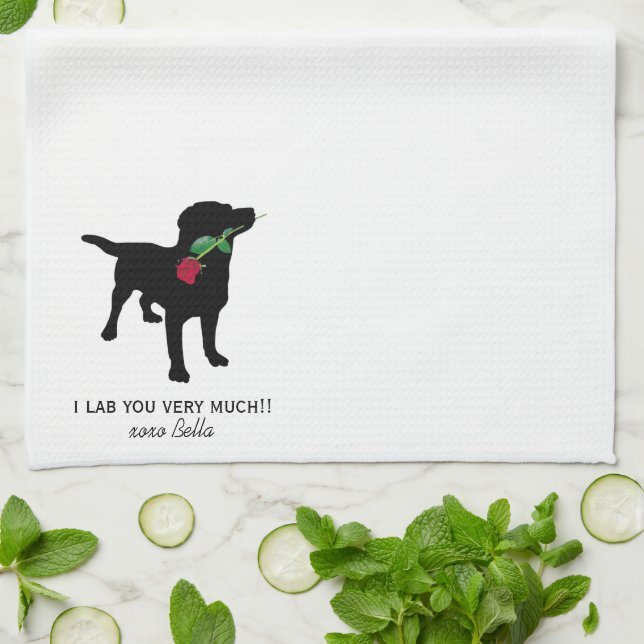 Cute Black Lab Dog holding Red Rose Kitchen Towel (Folded)